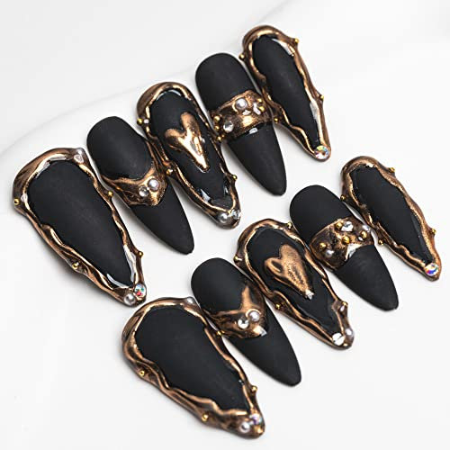 Sun&Beam Nails Handmade Long Almond Stiletto Black False Nail Tips with Cute 3D Gold Popular Charm Design Press On Nails 10 Pcs (#021 XS)