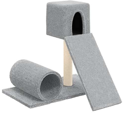 vidaXL Cat Tree: Multi-Level Entertainment Centre with House, Tunnel, Ladder - Light Grey, Scratch- Plush & Natural Sisal - Dimensions 61X61X59 cm