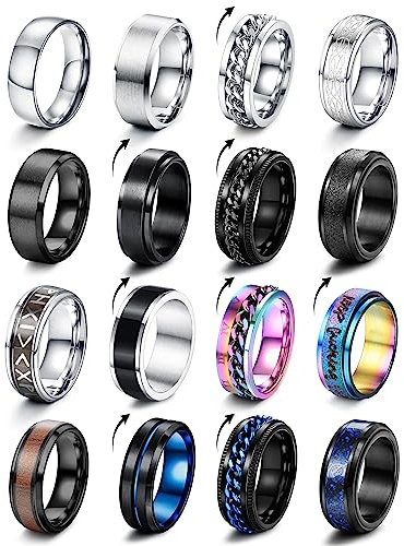 CASSIECA 16 Stück Ringe für Herren Fidget Spinner Anti Angst Ringe Band Ketten Ringe Silber Schwarze Ehering Verlobungsringe Zappel Ring Geburtstag Geschenke für Herren Größe 70