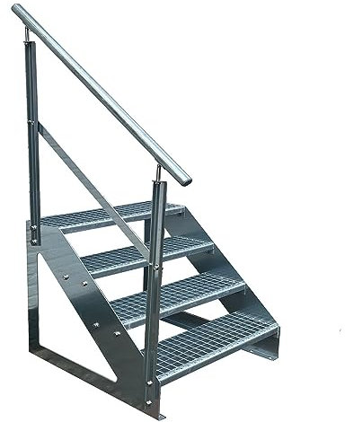 Premium Caillebotis acier Escalier à limon 4 Marches Autoportant Entièrement galvanisé avec garde-corps à gauche - Dimensions (L x l x H) 82cm x 80cm x 76cm