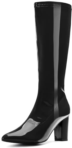 Perphy Go Go Boot - Stivali alti al ginocchio da donna in pelle verniciata con tacco grosso, Nero , 38 EU