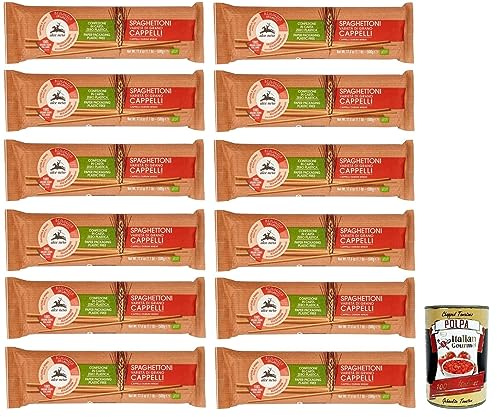Italian Gourmet Pasta Spaghettoni Bio Cappelli Hartweizen Nudeln 12 x 500g | Da agricoltura biologica, grano duro coltivato in Italia, kräftiger Biss und, Gesamtnettogewicht 6 kg + Kostenlos Polpa 400g