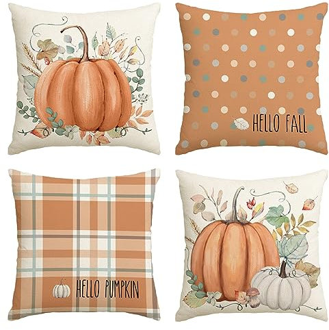 Artoid Mode Set di 4 federe decorative per cuscino autunnale, 45 x 45 cm, motivo: foglie di eucalipto, colore: arancione