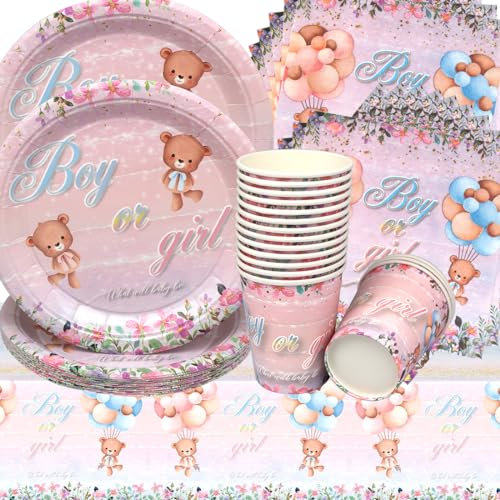 Doyomtoy Vaisselle Gender Reveal Anniversaire, 53 Pièces Boy or Girl Set Assiettes en Papier Serviettes Tasses pour Baby Shower Décorations Fête