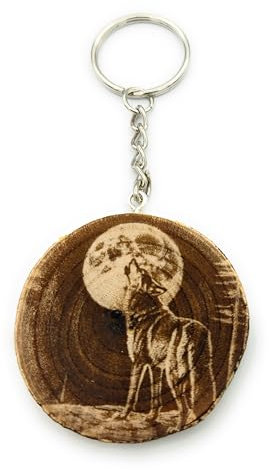 Promotech Porte-clés en bois gravé au laser à la main Loup à la pleine lune, Bois naturel, W5L5
