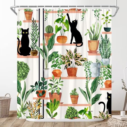 XHCEOH Rideau de douche rustique avec crochets Motif plantes et chats Noir 177,8 x 177,8 cm