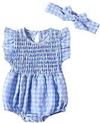 0 to 12 Months Casual Outfits for Children Infant Girls Sleeveless Plaid Prints Romper Newborn Bodysuits Clothes Headbands Set (Blue, 0-3 Months)