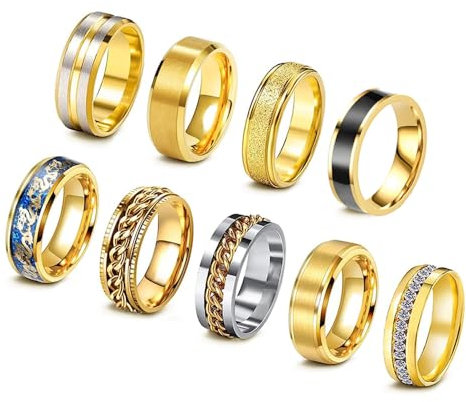 SOXEMAN 9 Stück/Set Herren Gold Silber Ring Set (2 davon Kette Drehringe lindern Angst und Stress) Trendy und Mode Damen Paar Edelstahl Ringe