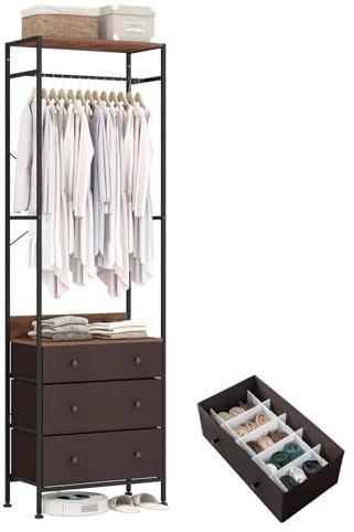 COSTWAY Porte Manteaux Entrée 3 en 1, Commode 3 Tiroirs Pliables, Tringle à 3 Positions, 1 Séparateur, Surface en PVC, Cadre en Métal, Kits Anti-Renversement, Portant à Vêtement pour Vestiaire (Brun)