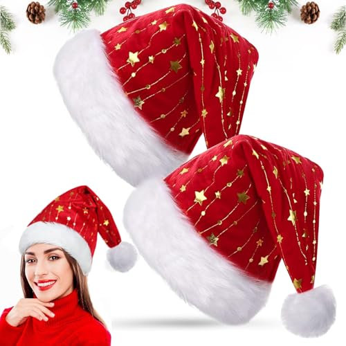 Weihnachtsmütze, 2 Stück Plüsch Weihnachtsmützen Erwachsene Kinder, Nikolausmütze mit Goldener Stern, Weihnachtsmann Mütze Rot, Christmas Hat für Damen Herren Weihnachtsfeier Neujahr
