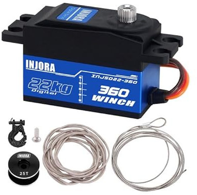 INJORA INJS022-360 Servo Numérique 22KG 360° avec Treuil Bas Profil 25T pour Voiture, Crawler, Bateau RC