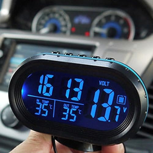 ​12 V digitales Auto-Uhr-Thermometer, Voltmeter, elektronische Uhr, LED-Temperatur-Voltmeter, Auto-Uhr, Thermometer, Monitor, Temperatur, Armaturenbrett (blau)