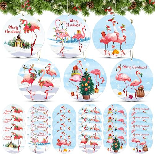 Quzzil 24 Stück Weihnachten Flamingo Baum Ornament Rosa Flamingo Weihnachtsschmuck Weihnachtsmann Hut Flamingo Baum Dekoration Holz Deko Flamingo Hängende Ornament für Weihnachtsbaum Party Urlaub