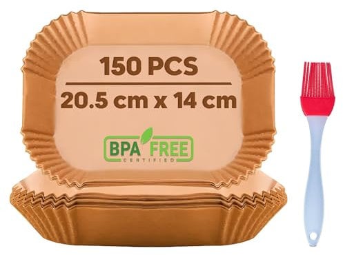 BPA-Frei Rechteck 150 Stück 22x14 cm Backpapier für Ninja Heißluftfritteuse mit Silikonbürste | Antihaft Backpapier für Heißluftfritteuse Kompatibel mit Ninja AF300EU AF400EU Airfryer