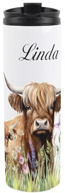 Purely Home Highland Cow Travel Mug - Personalised Cow Mum & Calf Farm Animals Gifts - Reusable Stainless Steel Vacuum-Sealed Double-Walled Drinks Flask 500ml (16 fl oz)