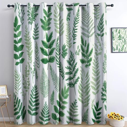 Blackout Curtain Plants Fern Leaves White Green W 46 x L 54 (2 Panels), Eyelet Thermal Insulated Noise Reduction Curtains, Print Pattern Curtain for Bedroom Living Room kitchen Home Decor