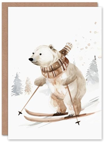 Artery8 Polar Bear Skiing Snow Winter Ski Blank For Him Or Her Art Xmas Festive Christmas Card