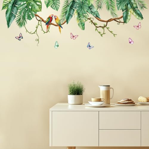 SUPERDANT Wandsticker Mit Tropischen Pflanzen Blätter Und Ranken Wandaufkleber Fürs Kinderzimmer Papagei Mit Schmetterling Wandtattoo DIY Vinyl Wandsticker Für Schlafzimmer Wanddekor