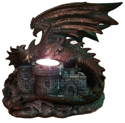 Kremers Schatzkiste XXL Teelichthalter Drache Burg - Drachenwächter Figur Gothic - Fantasy Deko - Kerzenhalter Mittelalter Skulptur Geschenk - 18x19x15 cm Polyresin