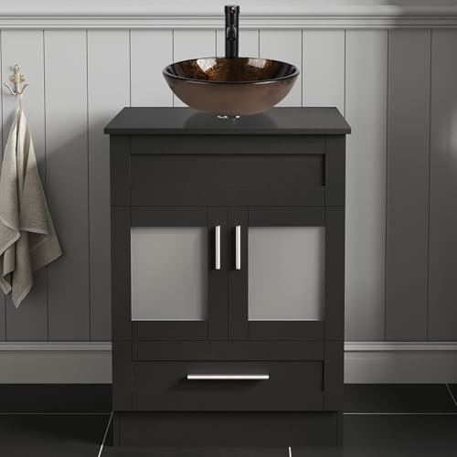 ARTETHYS Bathroom Vanity Unit with Basin, 60cm Bathroom Sink Cabinet with 2 Doors and a Drawer, Black Cloakroom Cabinet Free Standing with Brown Countertop Basin