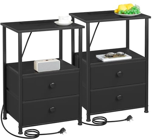 AMHANCIBLE Bedside Table Set of 2 with Charging Station, Nightstand with 2 Fabric Drawers, Small Side Table with Open Storage Shelf, Bedside Cabinets for Living Room, Bedroom, Black HETS020BK