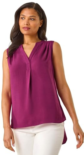 Roman Originals Women Pleated Vest Tank Top Ladies Sleeveless Blouse Shirt Tunic Summer Autumn Holiday V-Neck Work Office Cocktail Party Special Occassion Going Out - Magenta - Size 12