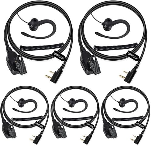 UAYESOK Walkie Talkie Earpiece, G-Shape Security Radio Earpiece 2 Pin Bodyguard Headset for Baofeng UV5R 888s UV-82 Kenwood RT24 RT27 eSynic QuanSheng, with PTT Microphone & Earbuds (5 Pcs)