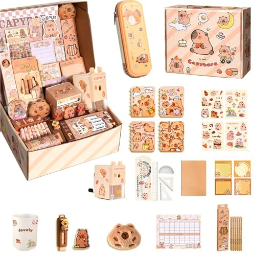 Capybara Schreibwaren Set, Süße Capybara Sachen Geschenkbox mit Capybara Federmäppchen Bleistifte Aufkleber Bleistiftspitzer und andere Schreibwaren für Büro, Schule, Kinder, Schüler Geschenkset
