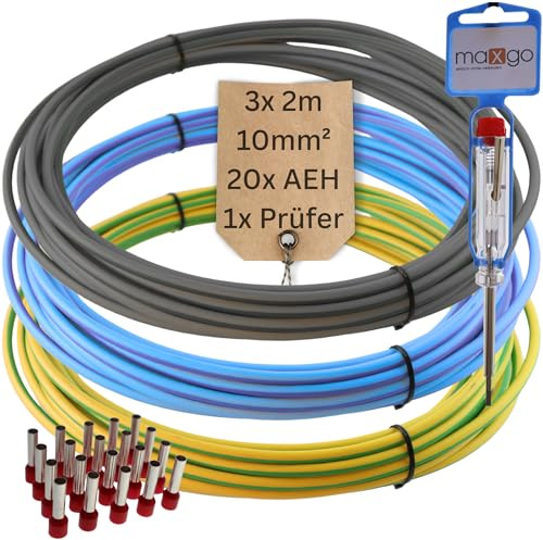 Verdrahtungsleitung Verdrahtungssatz Einzelader 10mm² Aderleitung flexibel für Zählerplatz, Erdungskabel & Verdrahtungsbrücken inkl. Aderendhülsen & Stromprüfer (2m)