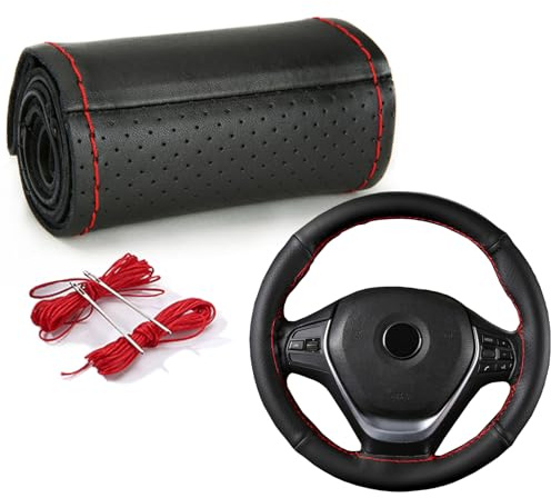 DIY lenkradbezug,mit Nadel und FadenLenkradhülle, Universal Passform 37-39 cm (Rote Linie)