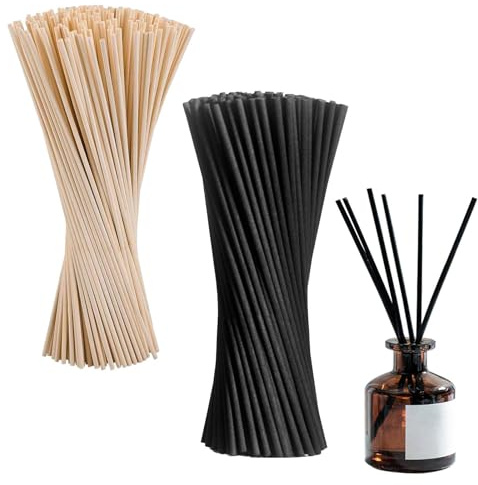 Henyall 100pcs Reed Diffuser Sticks, Natural Rattan Sticks for Home Office Fragrance,Thick Diffuser Reeds,Diffuser Refills,Black & Natural Wood Color Essential Oil Aroma Diffuser Replacement (3x200mm)