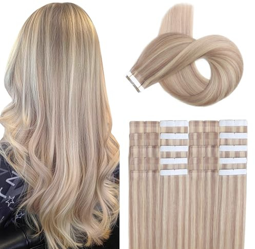 XDhair Tape Extensions Echthaar 35cm Blond Tape in Extensions Echthaar | 50g 20pcs,Highlights Mittel to Licht Blond,Seidig Gerade Invisible Tape Klebe Remy Haarverlangerung #18/613