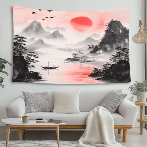 LCHMQ Asiatische Landschaft Wandteppich Zen Berge Wandtuch Wandbehang Stoff Schlafzimmer Schlafsaal Ästhetische Dekorative Wandbehang 210x150cm