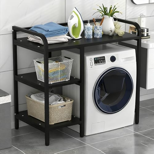 Universales Waschmaschinen Regal Front/Toplader, Verstellbare Seitenkörbe, Stabiles Stahl Gestell mit Kratzschutz Füßen(Roller Model - Black d)