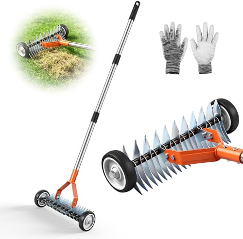 Manual Garden Rolling Lawn Scarifier, Telescopic Handle Max Length 1.66m, Lawn Thatch and Moss Removal, Award-Winning Steel Build with Twist Lock Handle
