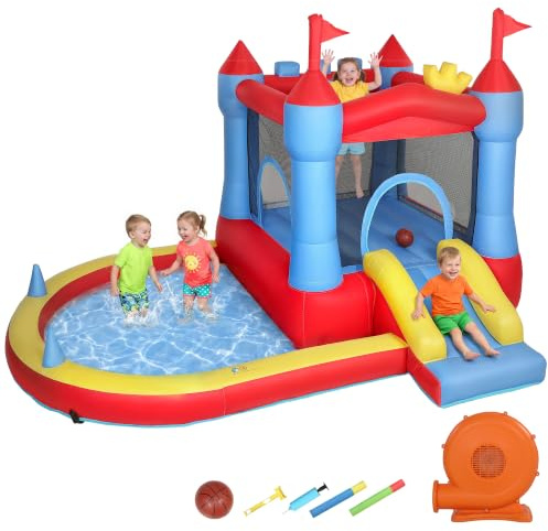 AIYAPLAY Château Gonflable avec Souffleur Enfants 3-8 Ans 342x255x209cm | Parc Aquatique Gonflable, Toboggans, Trampoline, Piscine à Balles, Panier de Basket, Pistolet à Eau, Extérieur/Intérieur