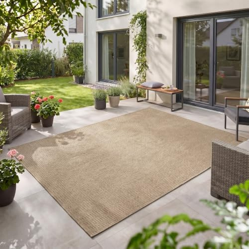 Teppium Outdoor Teppich Beige 140x200 cm Balkon Terrasse Garten Wetterfest UV-beständig Mittel Groß Einfarbig Flachgewebe Pflegeleicht Robust Modern