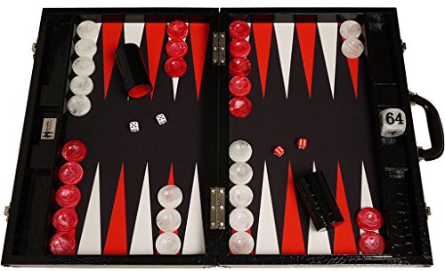 Wycliffe Brothers Backgammon Turnierset Gen III – Professionelles Backgammon Spielset 53 x 73 cm – Luxus Schwarz Kroko-Optik – Rot-Weiße Punkte