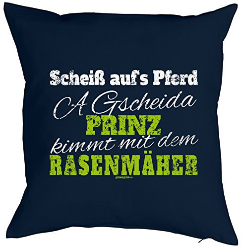 Goodman Design Gärtner Sprüche Kissen - Hobbygärtner Gärtnerin : Scheiß aufs Pferd …. Rasenmäher - Kissen ohne Füllung Farbe: Navyblau