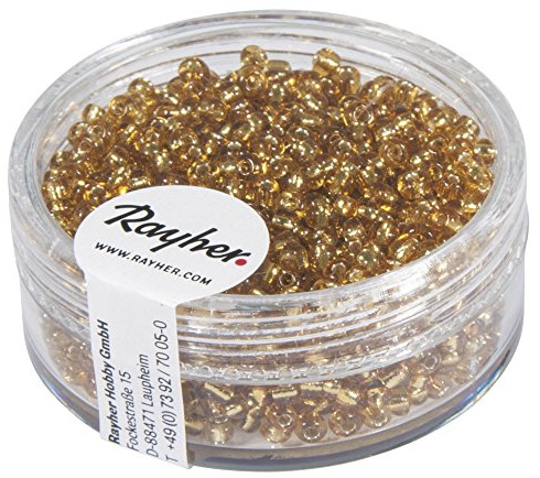 Rayher 1406406 Rocailles, 2 mm ø, mit Silbereinzug, gold