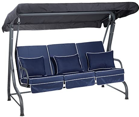 Alfresia Roma 3-Seater Garden Swing Seat - Outdoor Patio Swing Chair with Adjustable Waterproof Canopy and Luxury Cushions, Charcoal Canopy and Frame Navy Blue Luxury Cushions