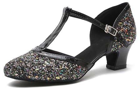 MINITOO Damen Latein Salsa T-Strap Scwarz Glitter Performance Tanzschuhe Hochzeitsschuhe EU 39