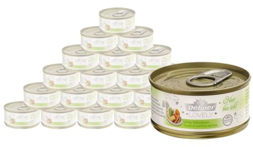 Dehner Premium Lovely Katzenfutter, Nassfutter glutenfrei, für ausgewachsene Katzen, Hühnerbrust / Thunfisch / Käse, 24 x 70 g Beutel (1.68 kg)