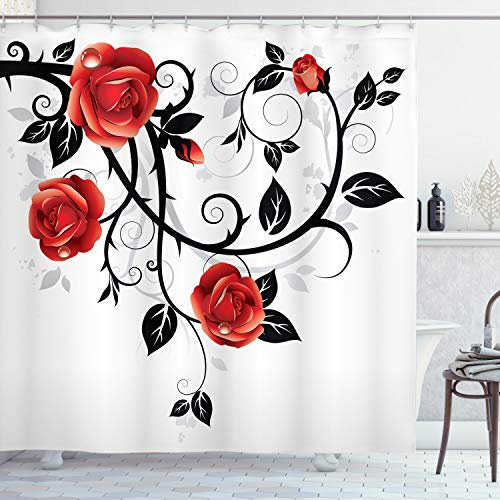 ABAKUHAUS gotisch Duschvorhang, Wirbelnde Roses Garten, Stoffliches Gewebe Badezimmerdekorationsset mit Haken, 175 x 180 cm, Vermilion Schwarz Weiß
