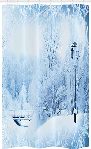 ABAKUHAUS Winter Schmaler Duschvorhang, Wonderland Weihnachtsfeiertags, Badezimmer Deko Set aus Stoff mit Haken, 120 x 180 cm, Blau Weiss