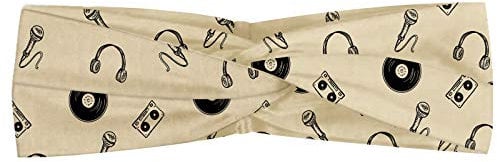 ABAKUHAUS Music Headband, Retro Records Headphones Microphones Casette Tapes Melody in Sixties Graphic Art, Elastic and Soft Women's Bandana for Sports and Everyday Use, Cream Black