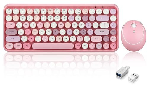 Perixx PERIDUO-713 Wireless Mini Keyboard and Mouse Combo, Retro Round Key Caps, Pastel Pink, US English Layout