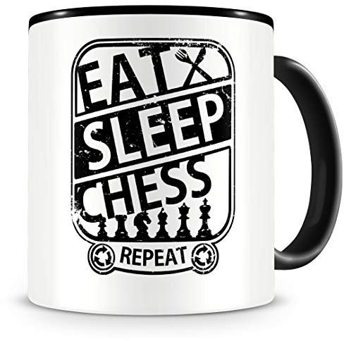 Samunshi® Taza de ajedrez con texto Eat sleep chess repeat, regalo para jugadores de ajedrez, taza de café grande divertida para cumpleaños, color negro, 300 ml