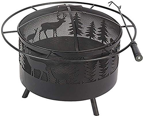 SLRMKK Feuerstelle im Freien, Feuer-Feuer-Elch-Feuerstelle, für draußen mit rundem Funkenschirm, Kamin-Poker und Metallgitter, schwarz