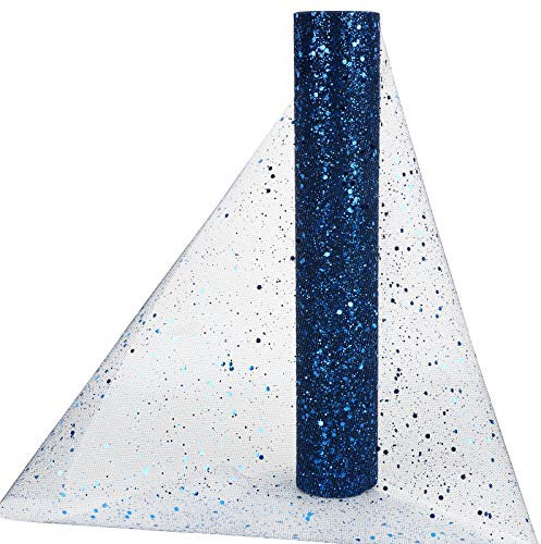 BHGT Tüll Stoff 30cm 9M Dekostoff Tüll Rolle Tischläufer mit Glitzern aus Tüllstoff Tischband Tüllband für Hochzeit Kommunion Weinachten Fest Dunkelblau